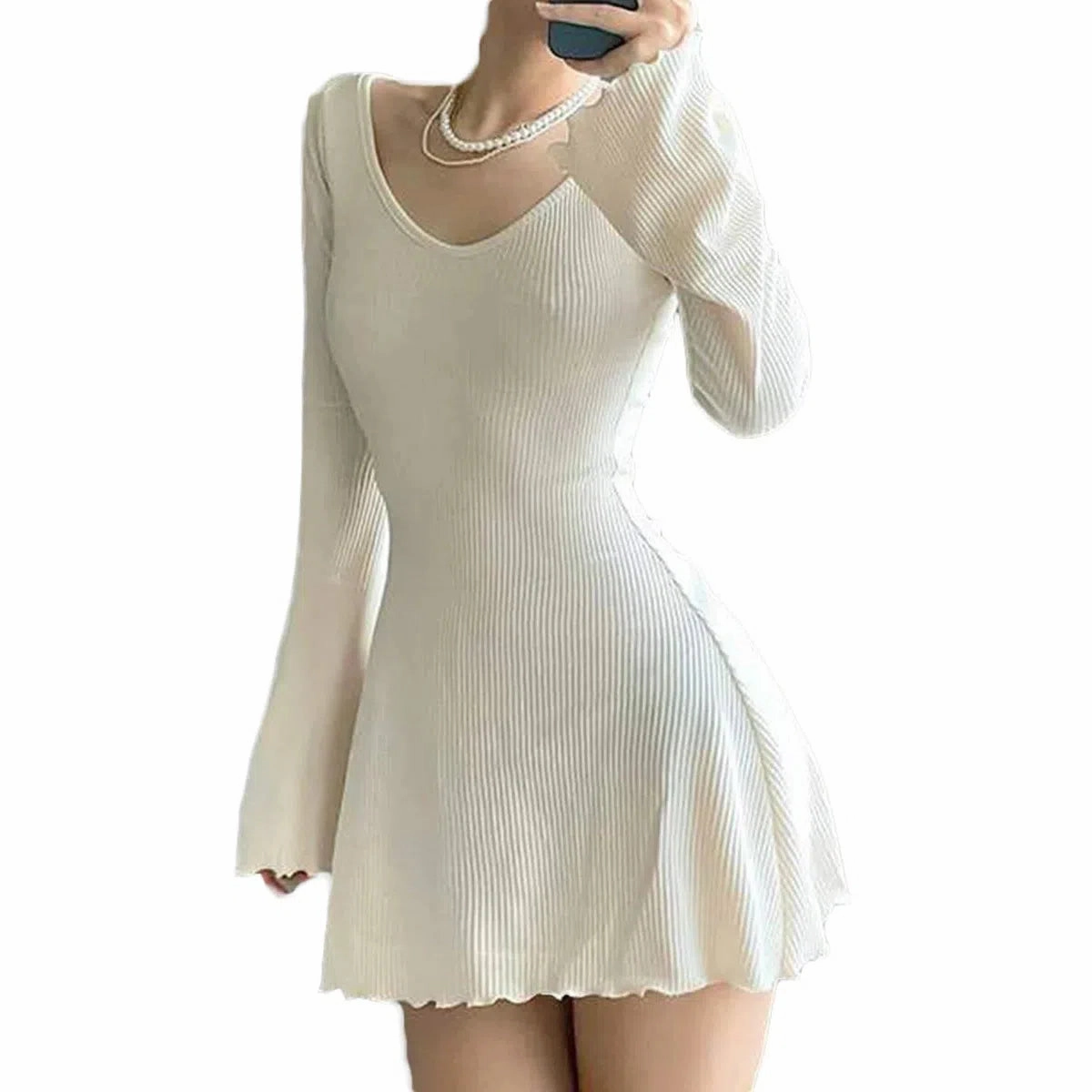 Women Solid Color Ribbed Long Sleeve V-Neck Slim Fit Dress