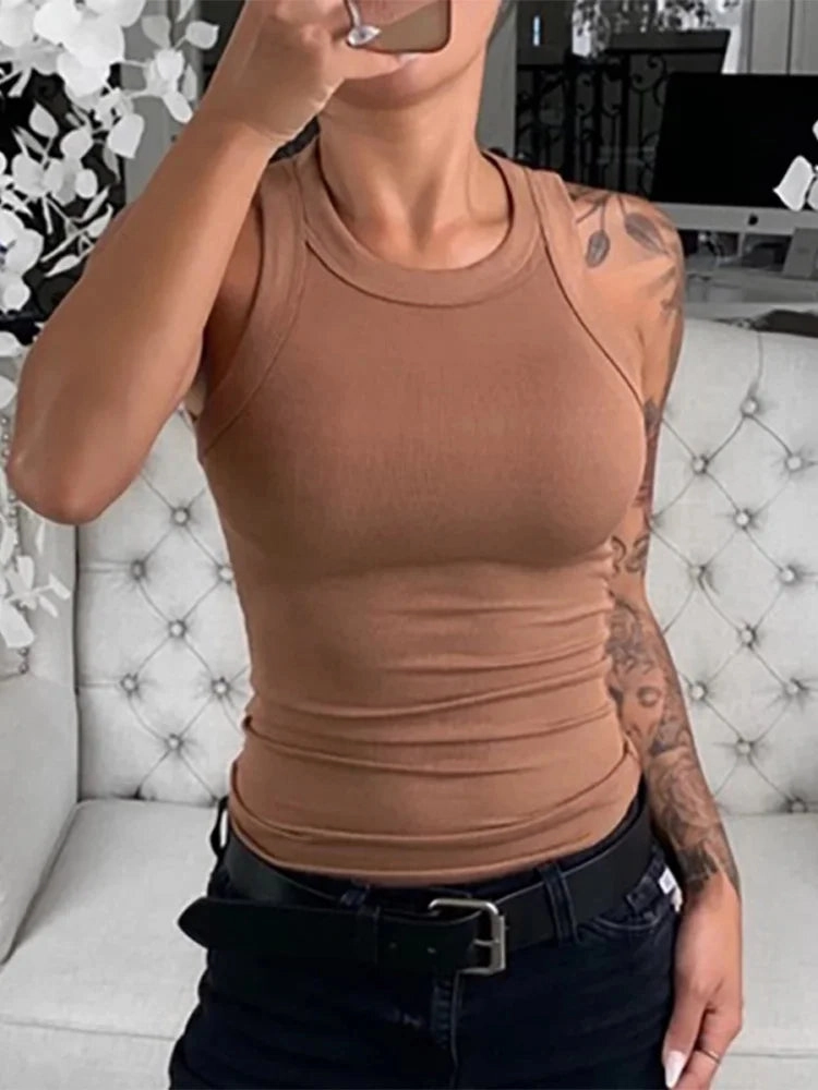 Women Solid Round Neck Ribbed Tank Top Camisole for Summer Casual Wear