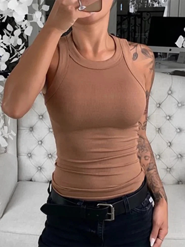 Women Solid Round Neck Ribbed Tank Top Camisole for Summer Casual Wear