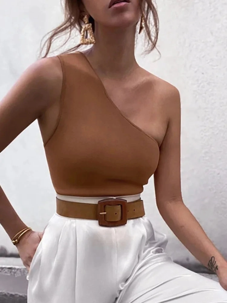 Women Sports Tank Tops Sexy Crop One Shoulder Casual Summer Fitness