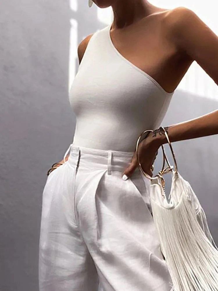 Women Sports Tank Tops Sexy Crop One Shoulder Casual Summer Fitness