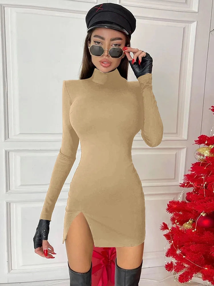 Women Spring Autumn Long Sleeve Bodycon Black Slim Dress
