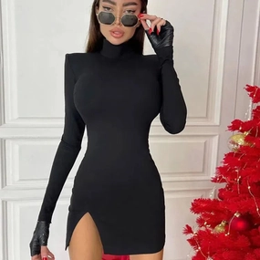 Women Spring Autumn Long Sleeve Bodycon Black Slim Dress