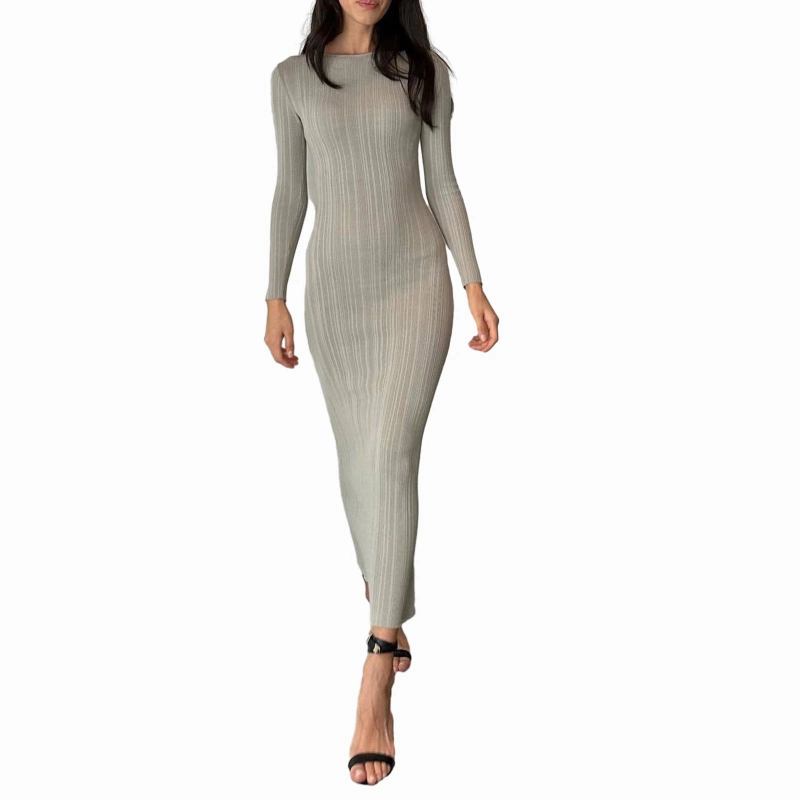 Women Spring Autumn Solid Color Bodycon Knit Dress Long Sleeve Crew Neck Ribbed Dress Slim Fit Long Dress for Effortless Elegance