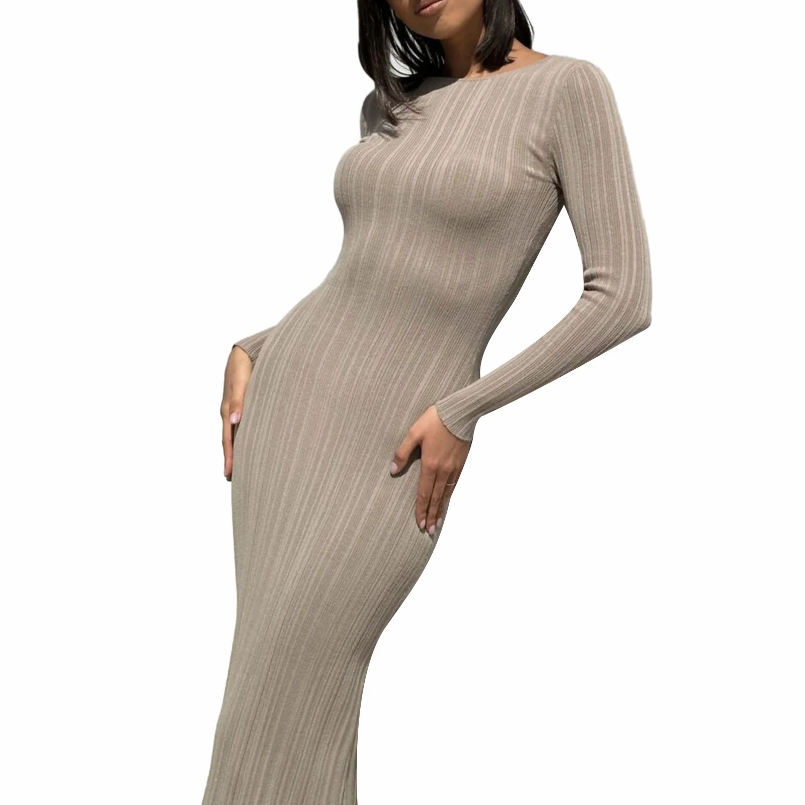 Women Spring Autumn Solid Color Bodycon Knit Dress Long Sleeve Crew Neck Ribbed Dress Slim Fit Long Dress for Effortless Elegance