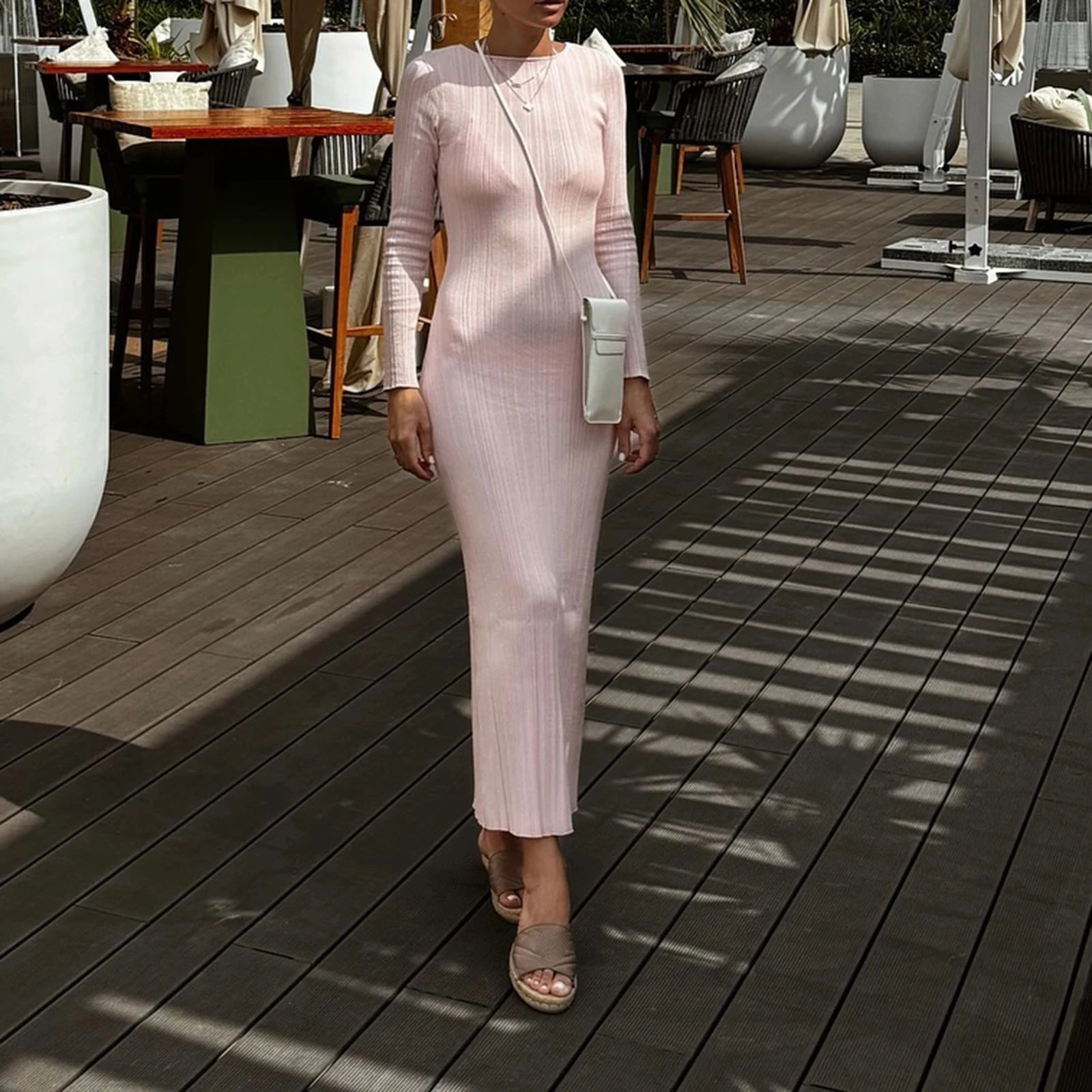 Women Spring Autumn Solid Color Bodycon Knit Dress Long Sleeve Crew Neck Ribbed Dress Slim Fit Long Dress for Effortless Elegance