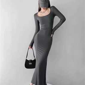 Women Spring Autumn Style Long Sleeve Low Cut Collar Mermaid Sexy Dress Vestidos SS157