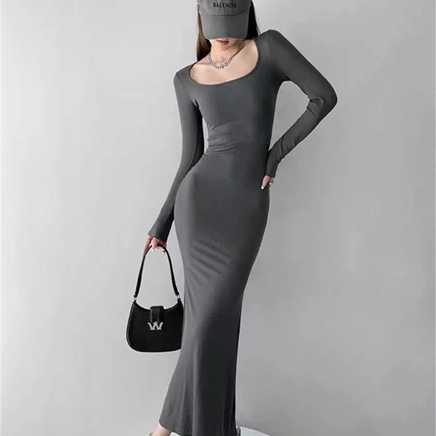 Women Spring Autumn Style Long Sleeve Low Cut Collar Mermaid Sexy Dress Vestidos SS157