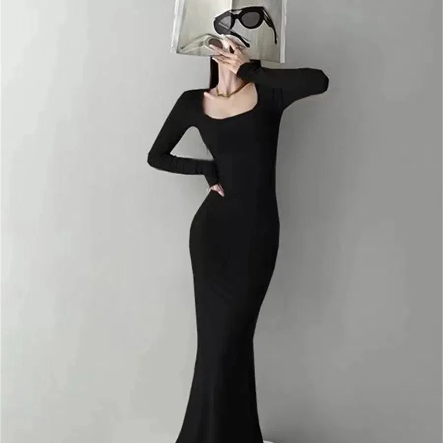 Women Spring Autumn Style Long Sleeve Low Cut Collar Mermaid Sexy Dress Vestidos SS157