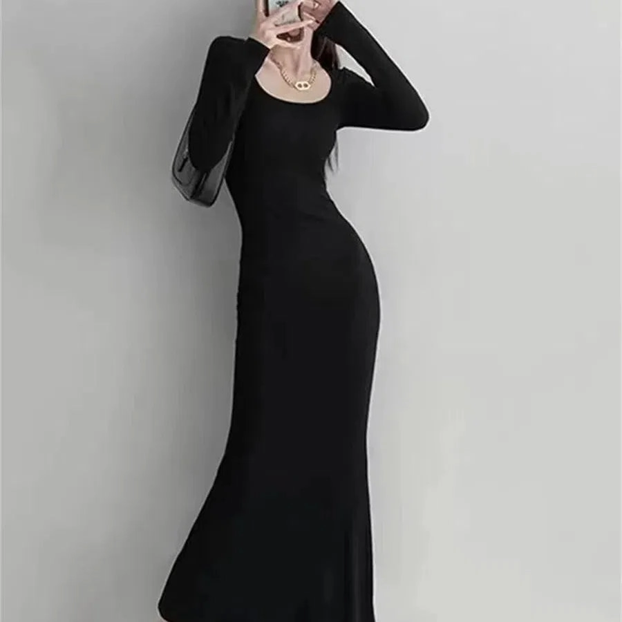 Women Spring Autumn Style Long Sleeve Low Cut Collar Mermaid Sexy Dress Vestidos SS157