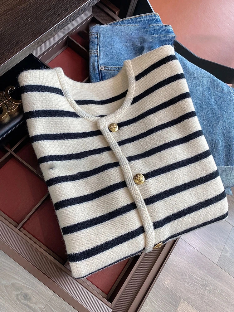Women Spring Autumn Sweaters O-neck Stripe Knitted Cardigan Long Sleeve Casual Tops Korean Style New 2025