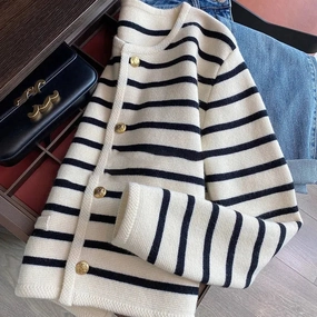 Women Spring Autumn Sweaters O-neck Stripe Knitted Cardigan Long Sleeve Casual Tops Korean Style New 2025