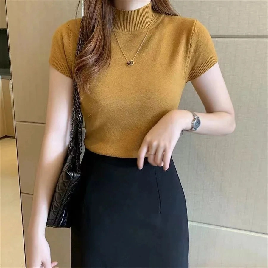 Women Spring Summer Knitted Pullover Sweater Casual Turtleneck Short Sleeve Blouse