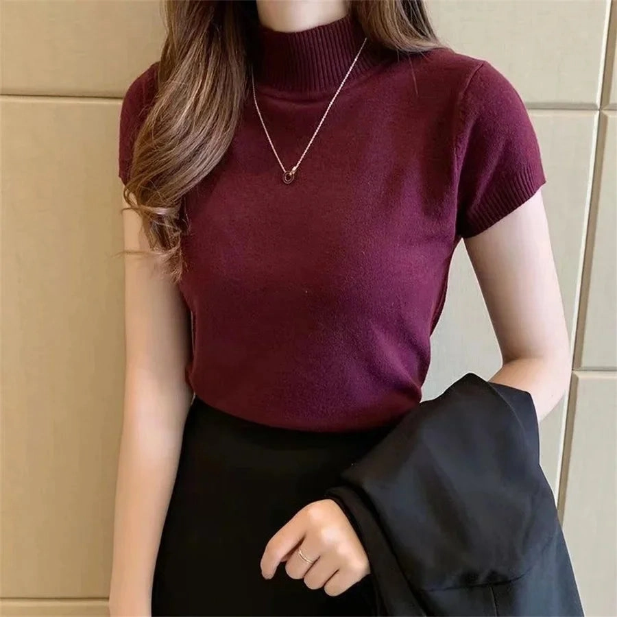 Women Spring Summer Knitted Pullover Sweater Casual Turtleneck Short Sleeve Blouse