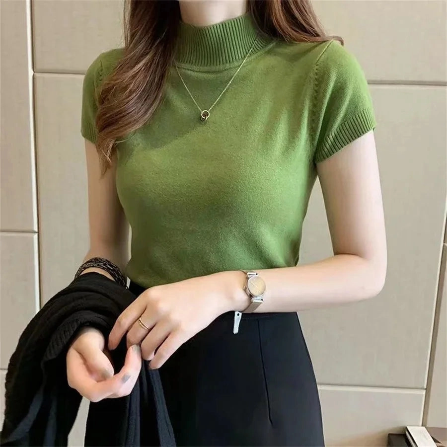 Women Spring Summer Knitted Pullover Sweater Casual Turtleneck Short Sleeve Blouse