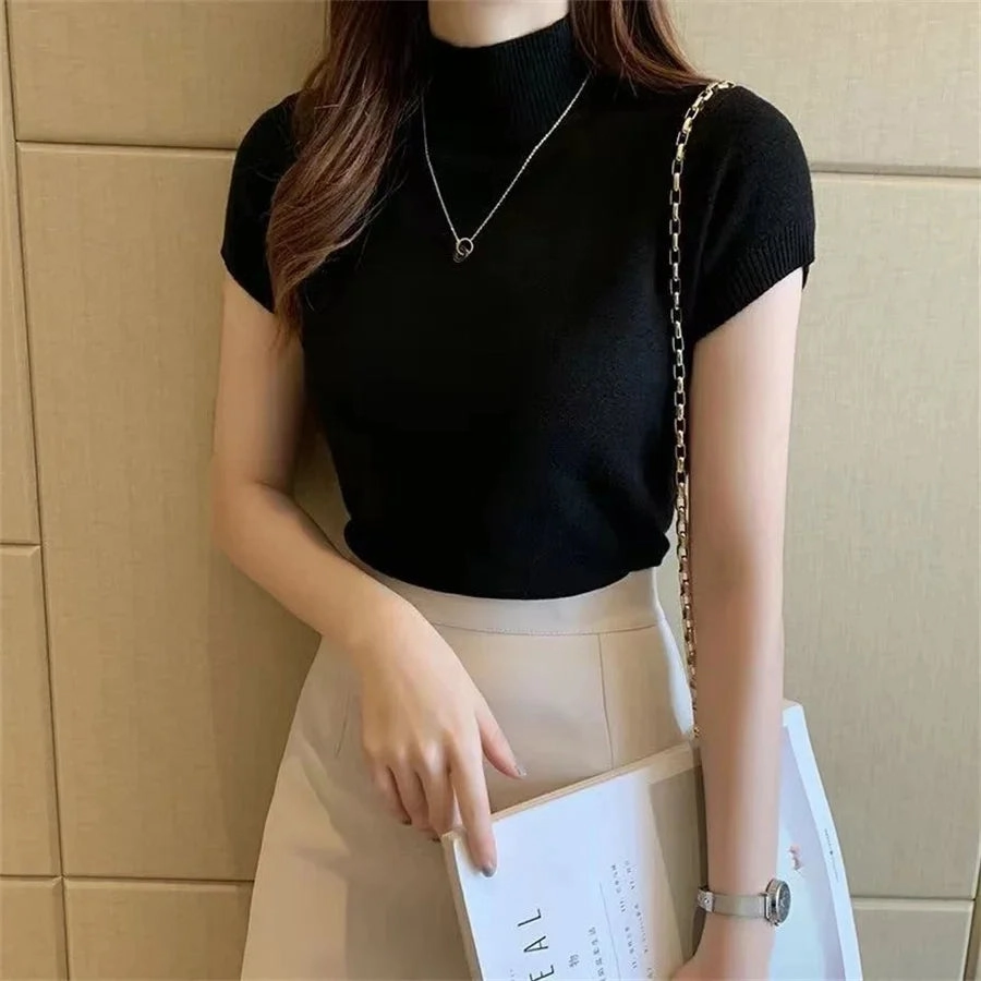 Women Spring Summer Knitted Pullover Sweater Casual Turtleneck Short Sleeve Blouse