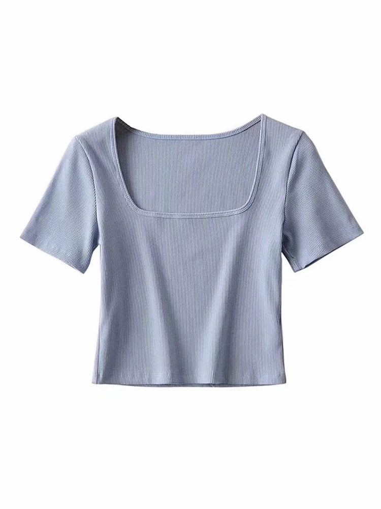 Women Square Neck Rib Crop T-shirt Short Sleeve Top for Summer Casual Wear
