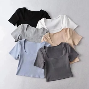 Women Square Neck Rib Crop T-shirt Short Sleeve Top for Summer Casual Wear
