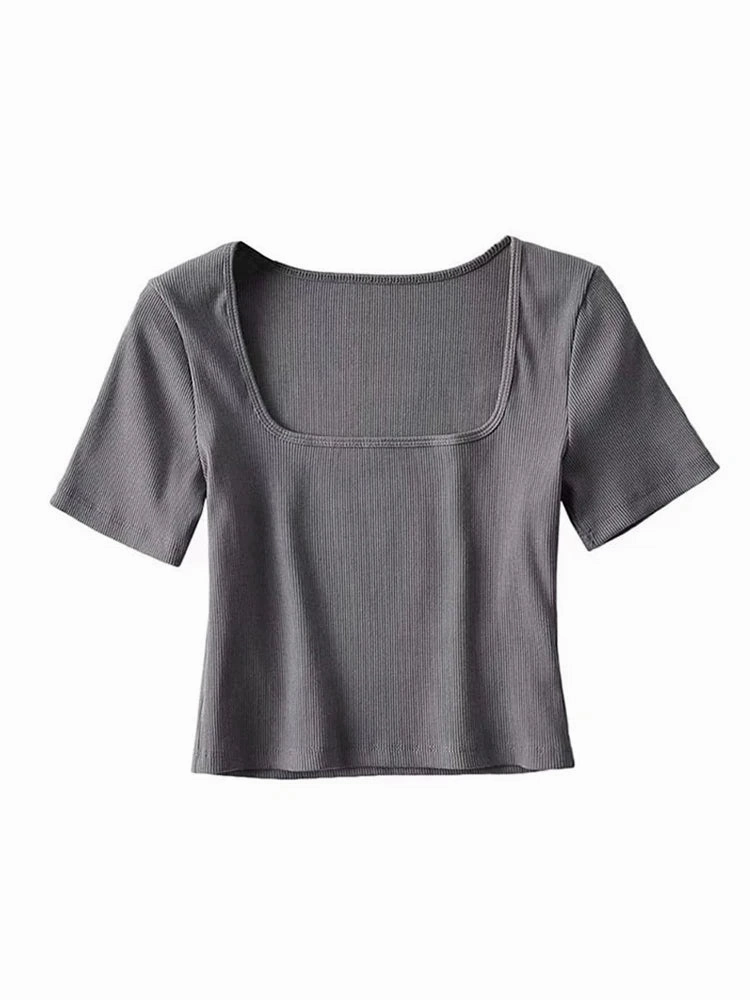 Women Square Neck Rib Crop T-shirt Short Sleeve Top for Summer Casual Wear