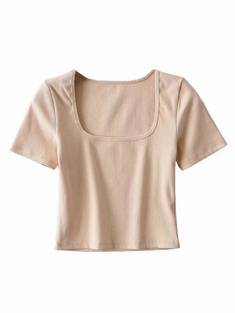 Women Square Neck Rib Crop T-shirt Short Sleeve Top for Summer Fashion