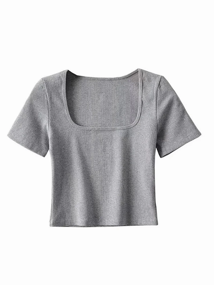 Women Square Neck Rib Crop T-shirt Short Sleeve Top for Summer Fashion