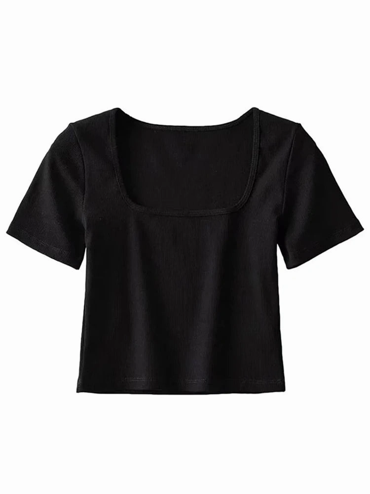 Women Square Neck Rib Crop T-shirt Short Sleeve Top for Summer Fashion