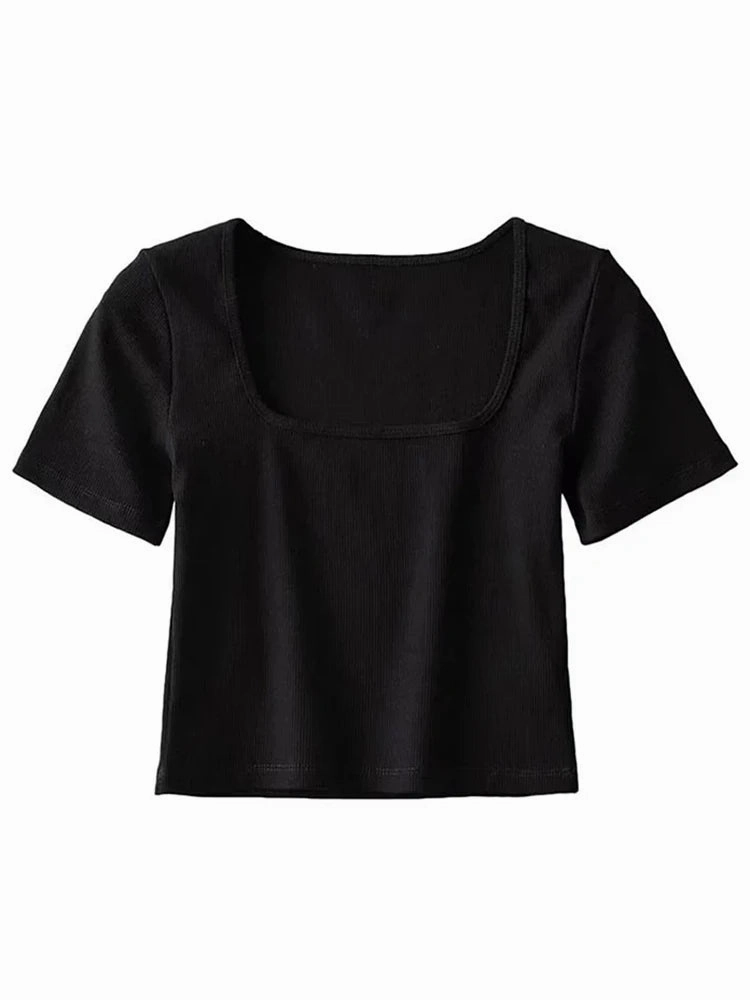 Women Square Neck Rib Crop T-shirt Short Sleeve Top for Summer Fashion