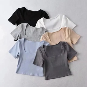 Women Square Neck Rib Crop T-shirt Short Sleeve Top for Summer Fashion