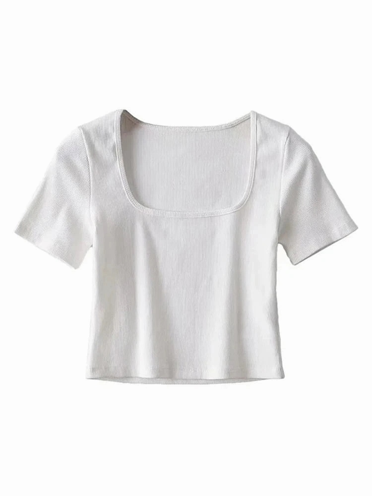 Women Square Neck Rib Crop T-shirt Short Sleeve Top for Summer Fashion