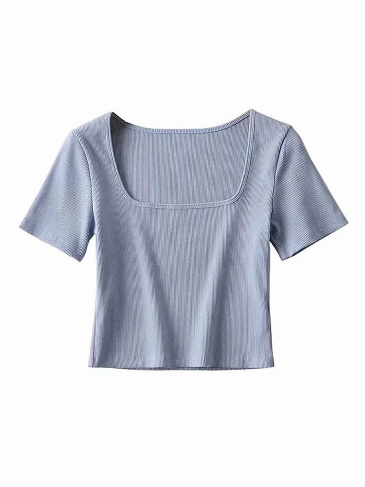 Women Square Neck Rib Crop T-shirt Short Sleeve Top for Summer Fashion