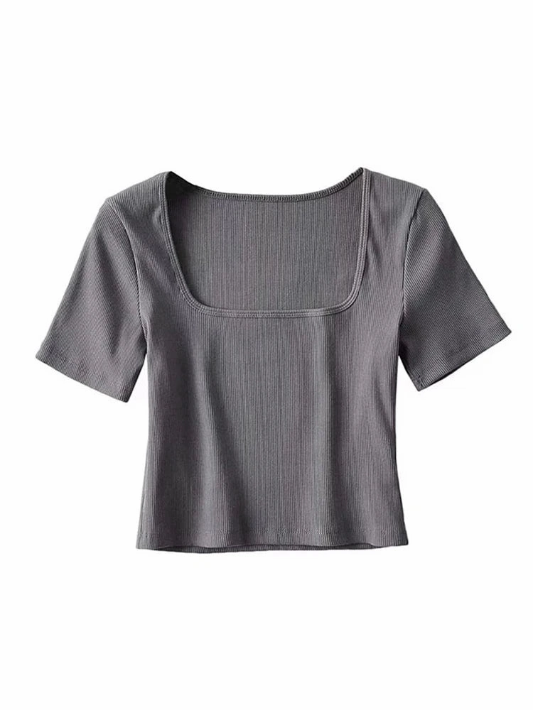 Women Square Neck Rib Crop T-shirt Short Sleeve Top for Summer Fashion