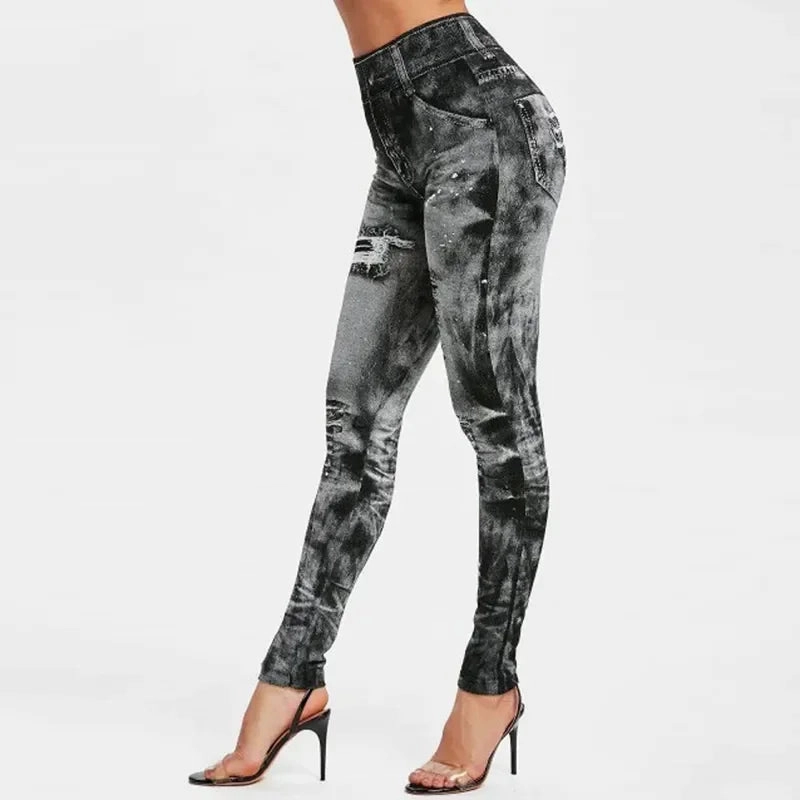 Women Stretch Fitness Leggings Vintage Imitation Jeans High Waist Slim Pants Fashion Sexy High Street Push Up Breeches