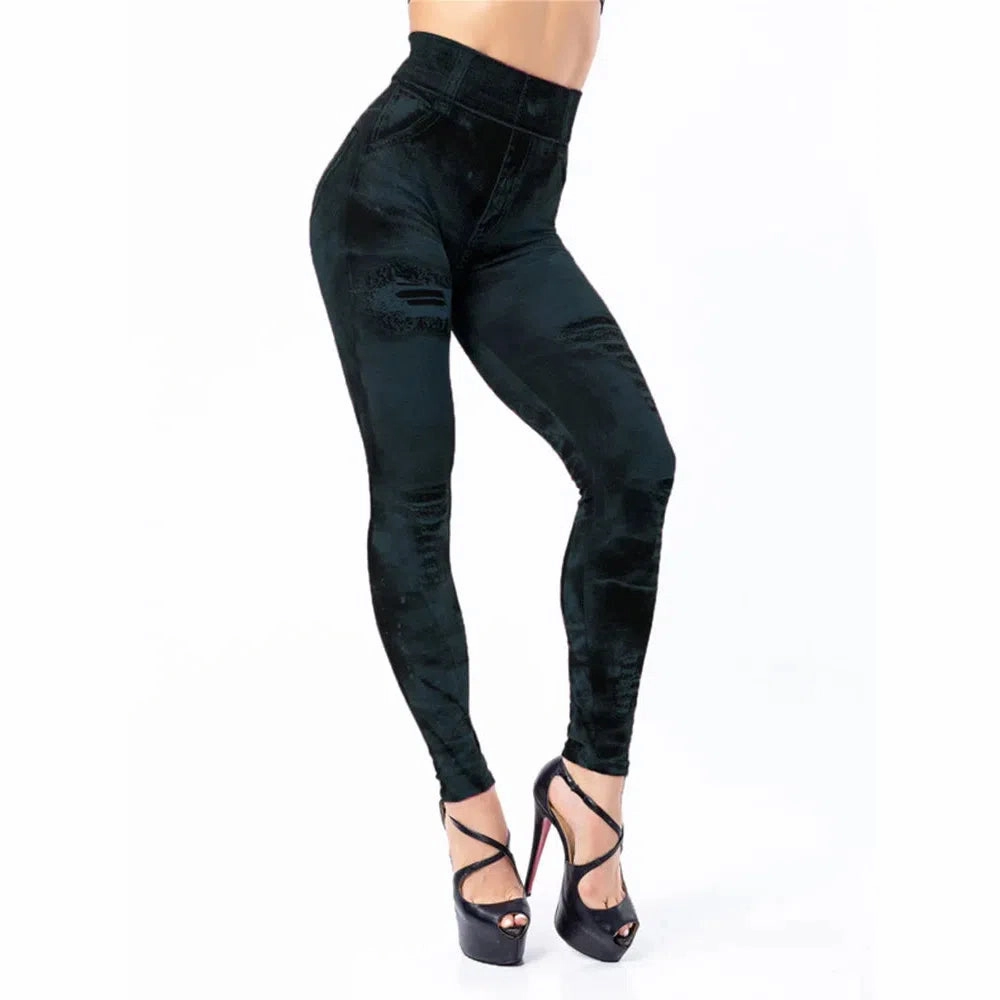 Women Stretch Fitness Leggings Vintage Imitation Jeans High Waist Slim Pants Fashion Sexy High Street Push Up Breeches