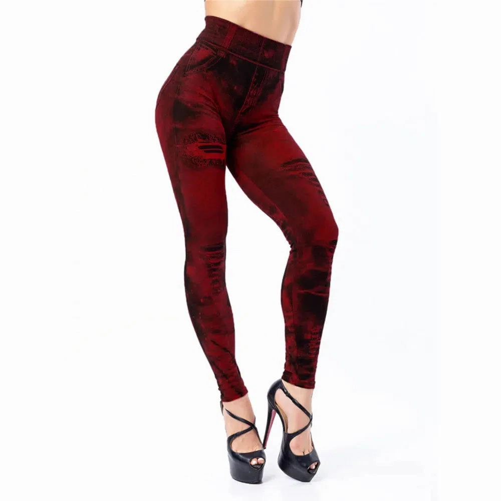 Women Stretch Fitness Leggings Vintage Imitation Jeans High Waist Slim Pants Fashion Sexy High Street Push Up Breeches