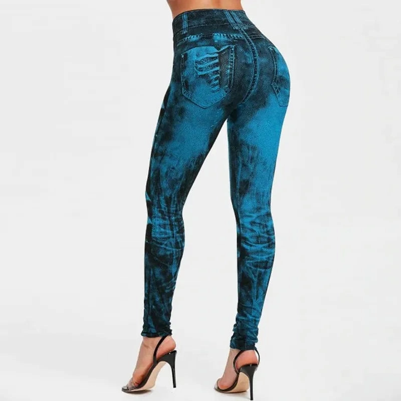 Women Stretch Fitness Leggings Vintage Imitation Jeans High Waist Slim Pants Fashion Sexy High Street Push Up Breeches