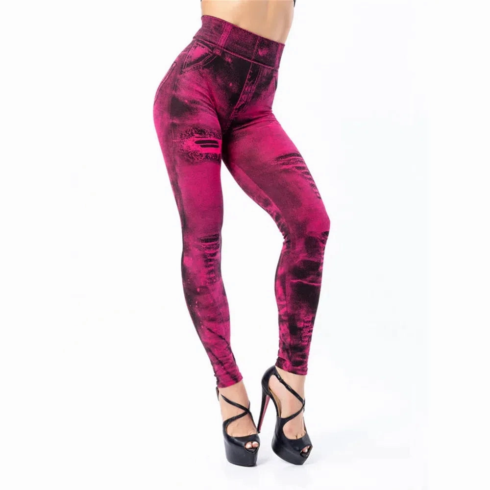 Women Stretch Fitness Leggings Vintage Imitation Jeans High Waist Slim Pants Fashion Sexy High Street Push Up Breeches