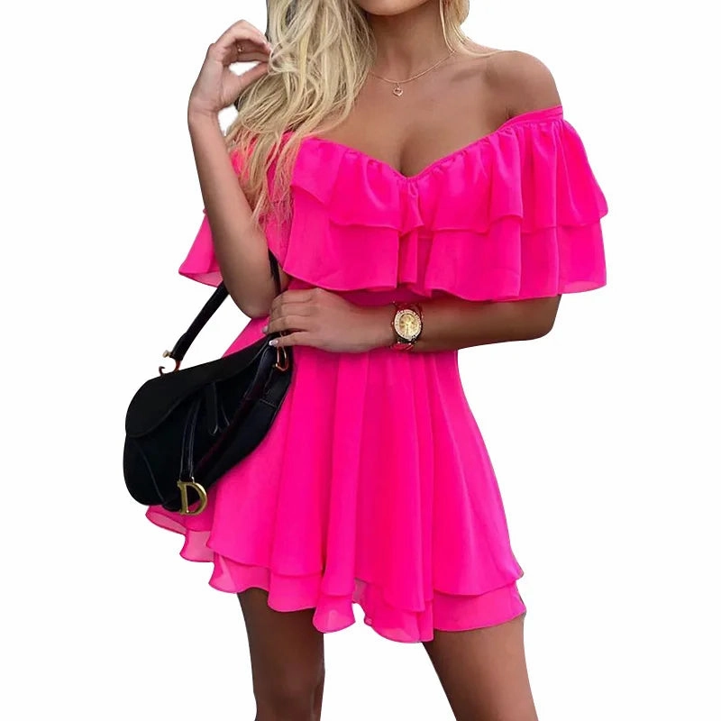 Women Summer Dress Short Sleeve Off Shoulder Mini Dress Ruffled A Line Beach Dress for Casual and Vacation Wear