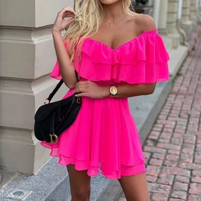 Women Summer Dress Short Sleeve Off Shoulder Mini Dress Ruffled A Line Beach Dress for Casual and Vacation Wear