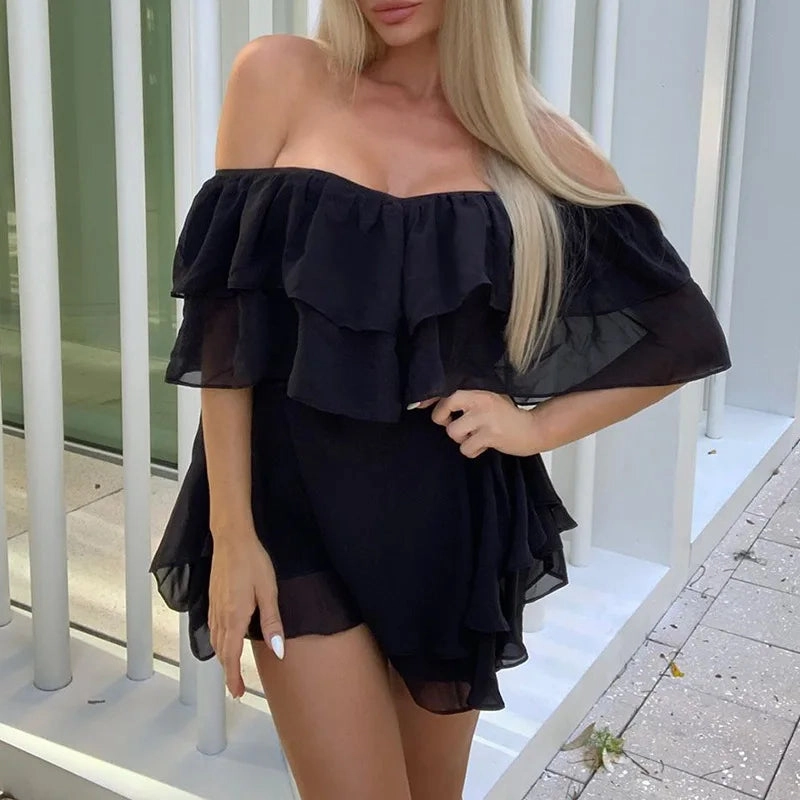 Women Summer Dress Short Sleeve Off Shoulder Mini Dress Ruffled A Line Beach Dress for Casual and Vacation Wear