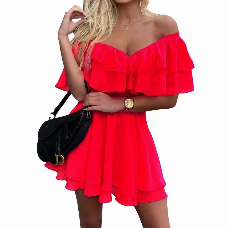 Women Summer Dress Short Sleeve Off Shoulder Mini Dress Ruffled A Line Beach Dress for Casual and Vacation Wear