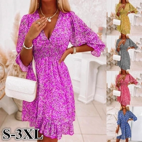 Women Summer Fashion Bohemian Dress Nipped Waist Pullover
