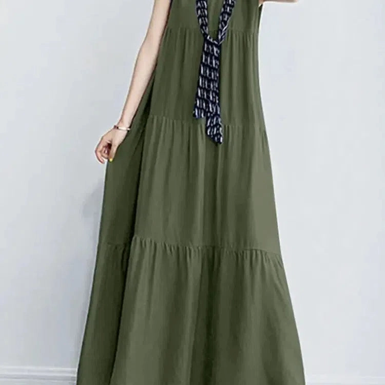Women Summer Maxi Long Dress Elegant O Neck Sleeveless Sundress Stylish Solid Ruffles Party Dress for Effortless Chic