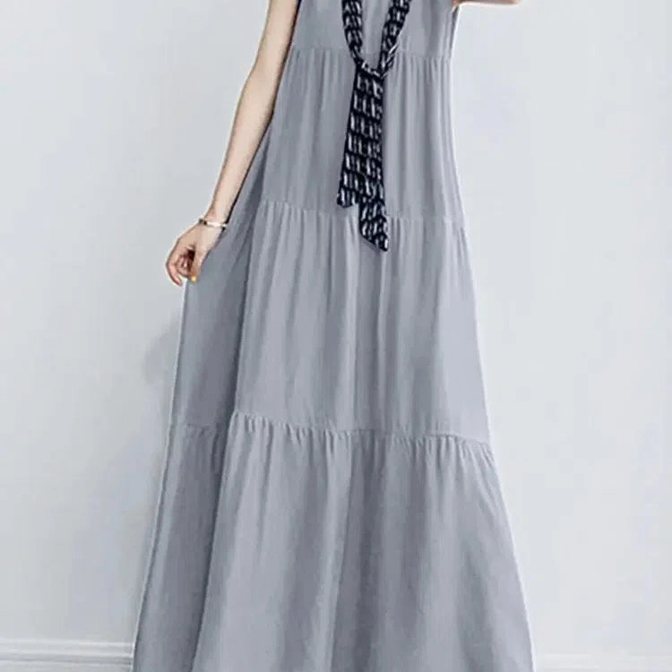 Women Summer Maxi Long Dress Elegant O Neck Sleeveless Sundress Stylish Solid Ruffles Party Dress for Effortless Chic