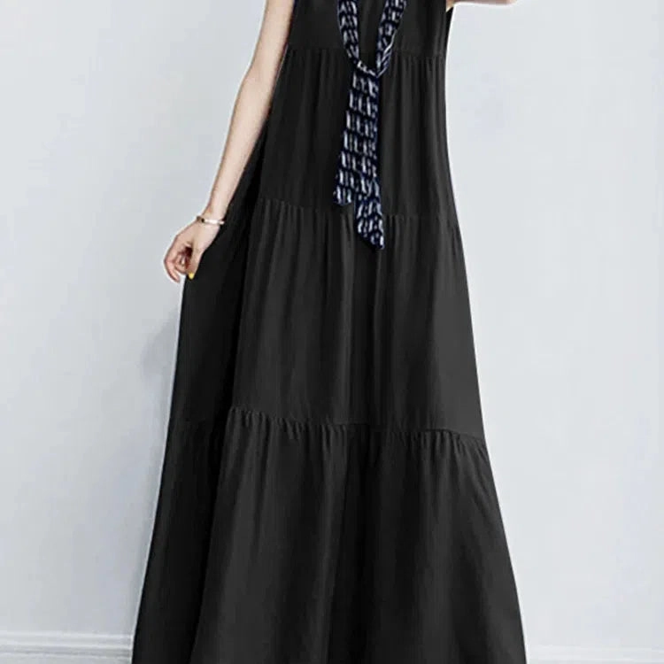 Women Summer Maxi Long Dress Elegant O Neck Sleeveless Sundress Stylish Solid Ruffles Party Dress for Effortless Chic