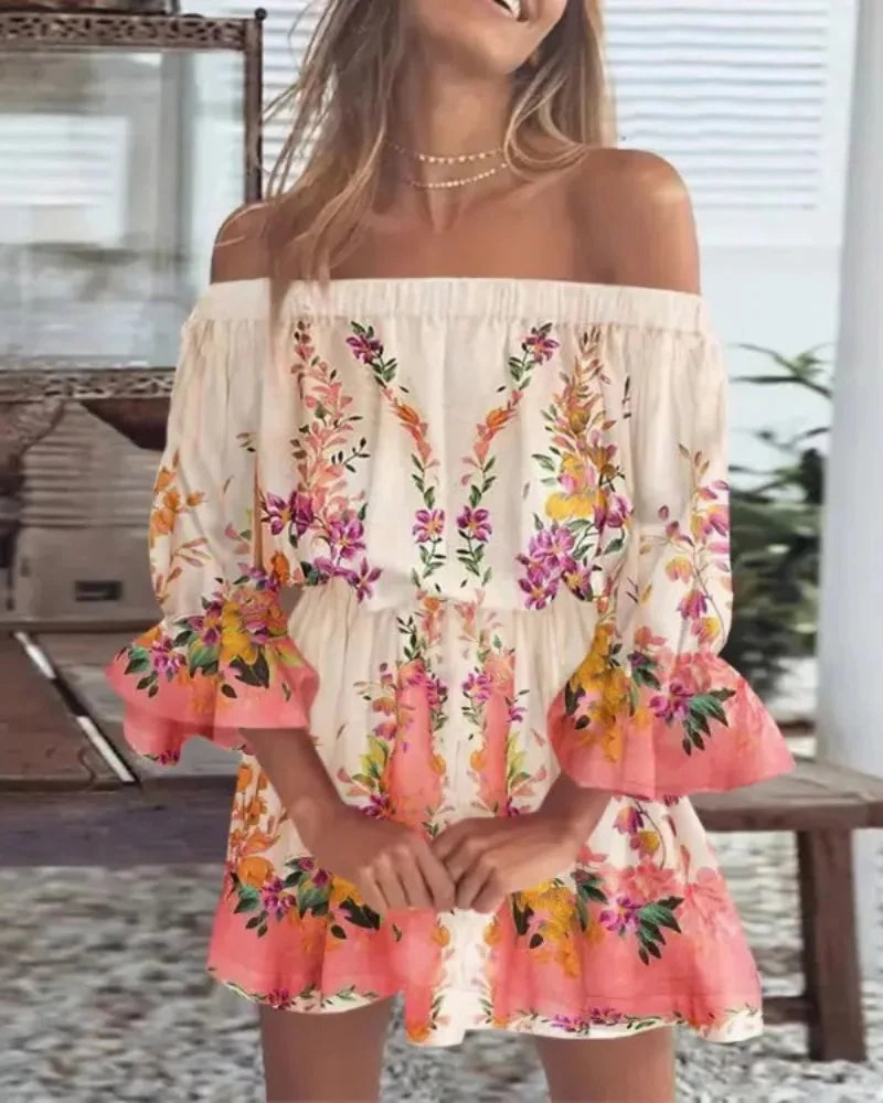 Women Summer Off Shoulder Floral Blouse Boho Casual Backless Top for Holiday and Party