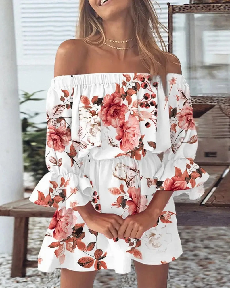Women Summer Off Shoulder Floral Blouse Boho Casual Backless Top for Holiday and Party
