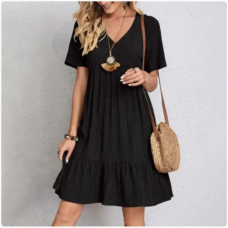 Women Summer Peplum Dresses Spring V-Neck Short Sleeve Ruffle Flare Vocation Style