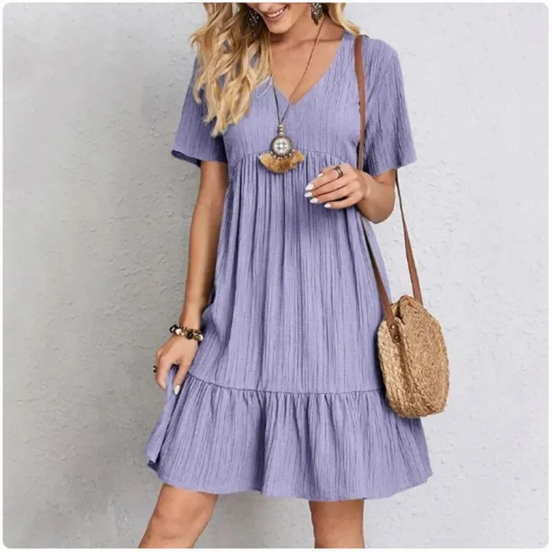 Women Summer Peplum Dresses Spring V-Neck Short Sleeve Ruffle Flare Vocation Style