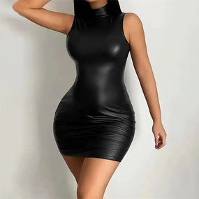 Women Summer Sexy Party Strapless Bodycon Pu Leather Mini Dress