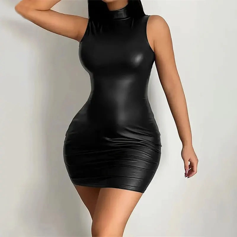 Women Summer Sexy Party Strapless Bodycon Pu Leather Mini Dress